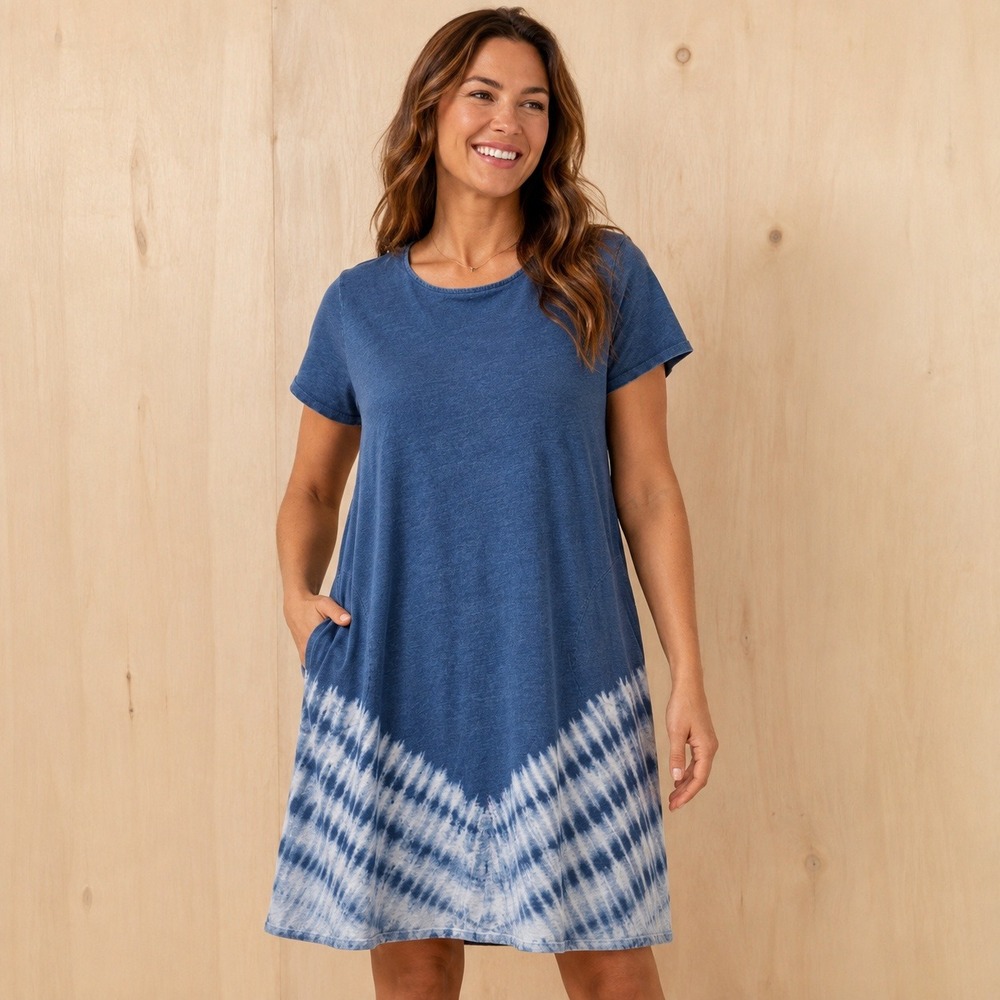 Pure Jill Indigo Blue Tie Dye Cotton T-Shirt Dress with Pockets Large